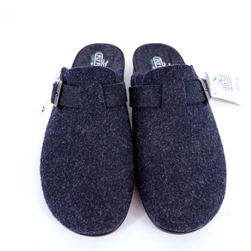 Fly Flot Felt Clog Slip On Slippere Shoes Womens Sz 40 9 Navy Blue Buckle Italy - Picture 5 of 9